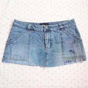 vintage denim mini skirt palm tree graphic raw hem size 11/32